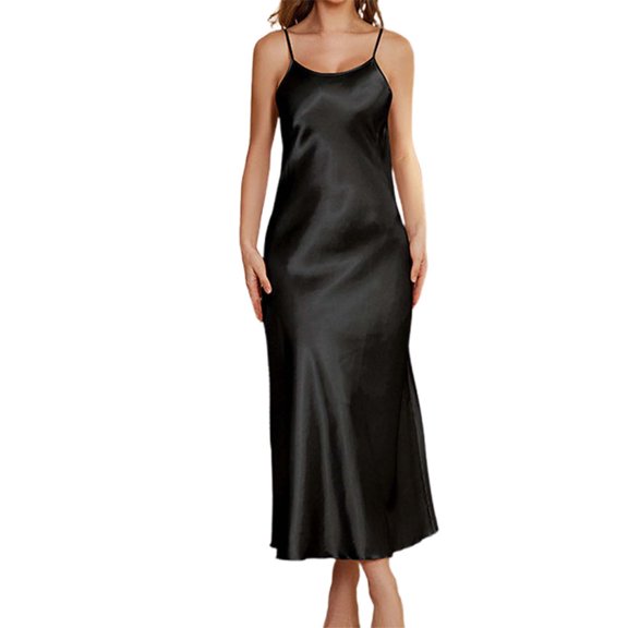 XIAONU Women's Satin Spaghetti Strap Nightgown Full Length Side Slit Sleep Dress Luxurious Nighttime Loungewear