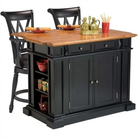 Home Styles Americana Kitchen Island in Black and Oak and 2 Bar Stools