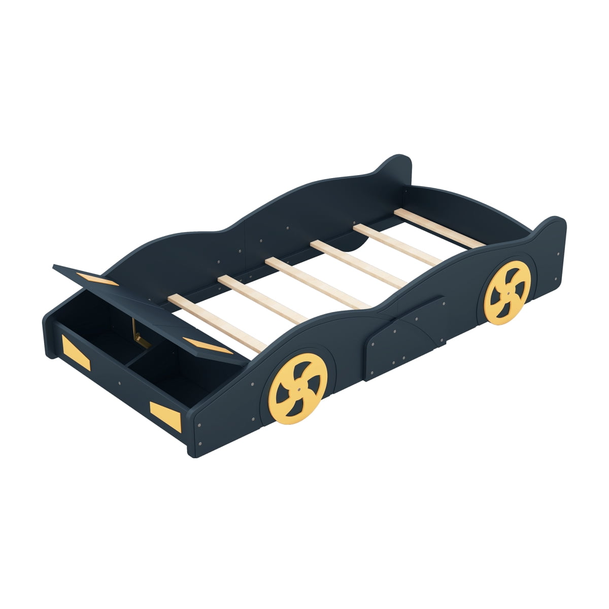 Luckynote Twin Race Car Bed, Wood Platform with Wheels and Storage, for Bedroom, Dark Blue Yellow