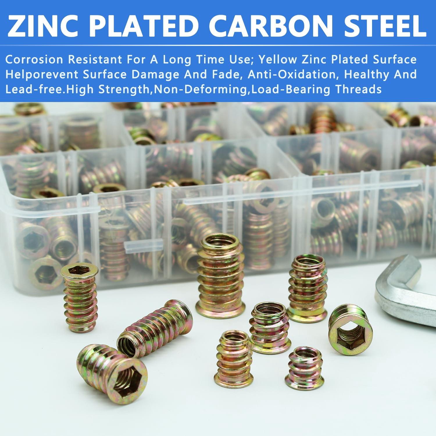170 PCS Threaded Inserts Nuts, 10 Sizes-1/4-20, 5/16"-18, 3/8"-16 Wood Inserts Assortment Kit, Steel Threaded Inserts for Wood Furniture Screw Threaded Inserts Kit with 3 PCS Hex Wrench