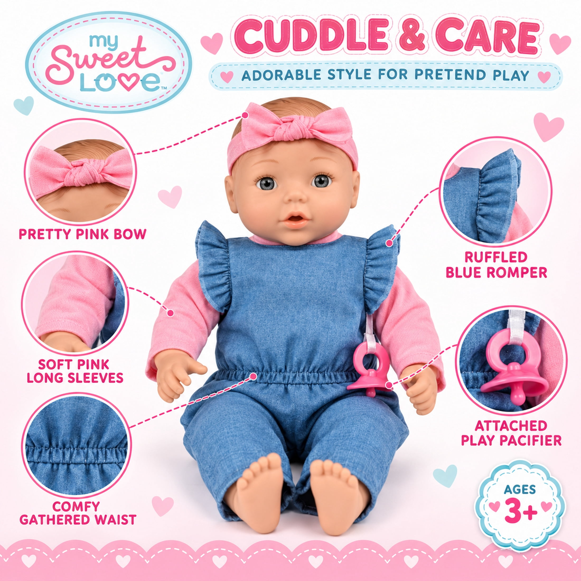 My Sweet Love Big Cuddle Baby 18-Inch Soft Doll with Denim Jumpsuit, Headband & Pacifier