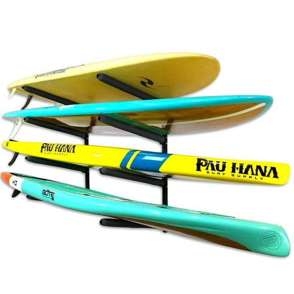 Outdoor Paddleboard Storage Rack | Wall Mount | Holds 4 SUPs | Adjustable Organizer