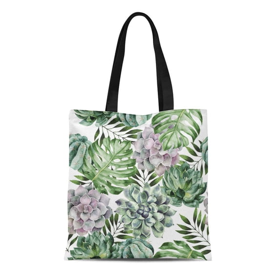 ASHLEIGH Canvas Tote Bag Green Pattern Watercolor Tropical Plants and Succulents Botanical Aloha Reusable Shoulder Grocery Shopping Bags Handbag