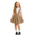 thumbnail image 3 of Arlun Girls School Uniform V-Neck Jumper Dress Sleeveless Solid Color Stretchy Flared Pleated Dresses Casual Knee Length Midi Dress for Back to School Daily Wear 1-Khaki 170, 3 of 6