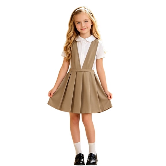 Girls Solid V-Neck Pinafore Pleated Skirt, Sleeveless Strap Uniform Dress with Matching Waist Belt, Stretch School Jumper Skirt for Back to School Daily Casual Wear(Khaki,12-13 Years)