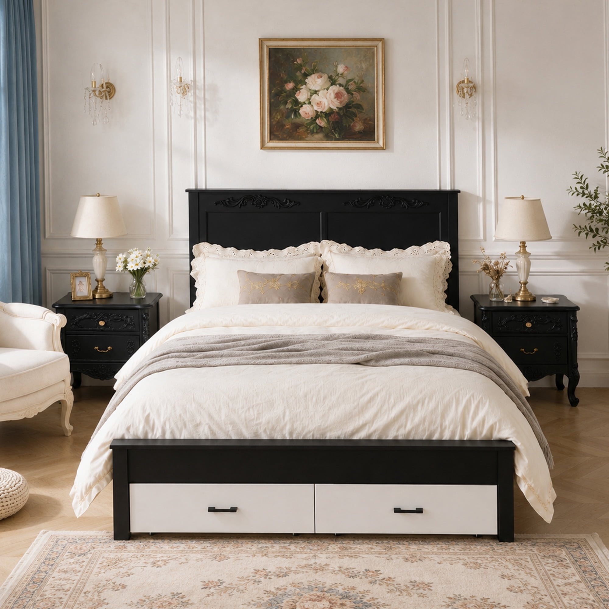 Gewnee Queen Size Rustic Farmhouse Platform Bed Frame, Steel Frame with Wood Slats, Noise‑Free, Under‑Bed Storage, Easy Assembly, No Box Spring Required for Bedroom, White & Black