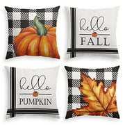 AVOIN colorlife Fall Black and White Buffalo Plaid Check Pumpkin Thanksgiving Throw Pillow Covers, 18 x 18 Inch Autumn Maple Leaf Cushion Case for Sofa Couch Set of 4