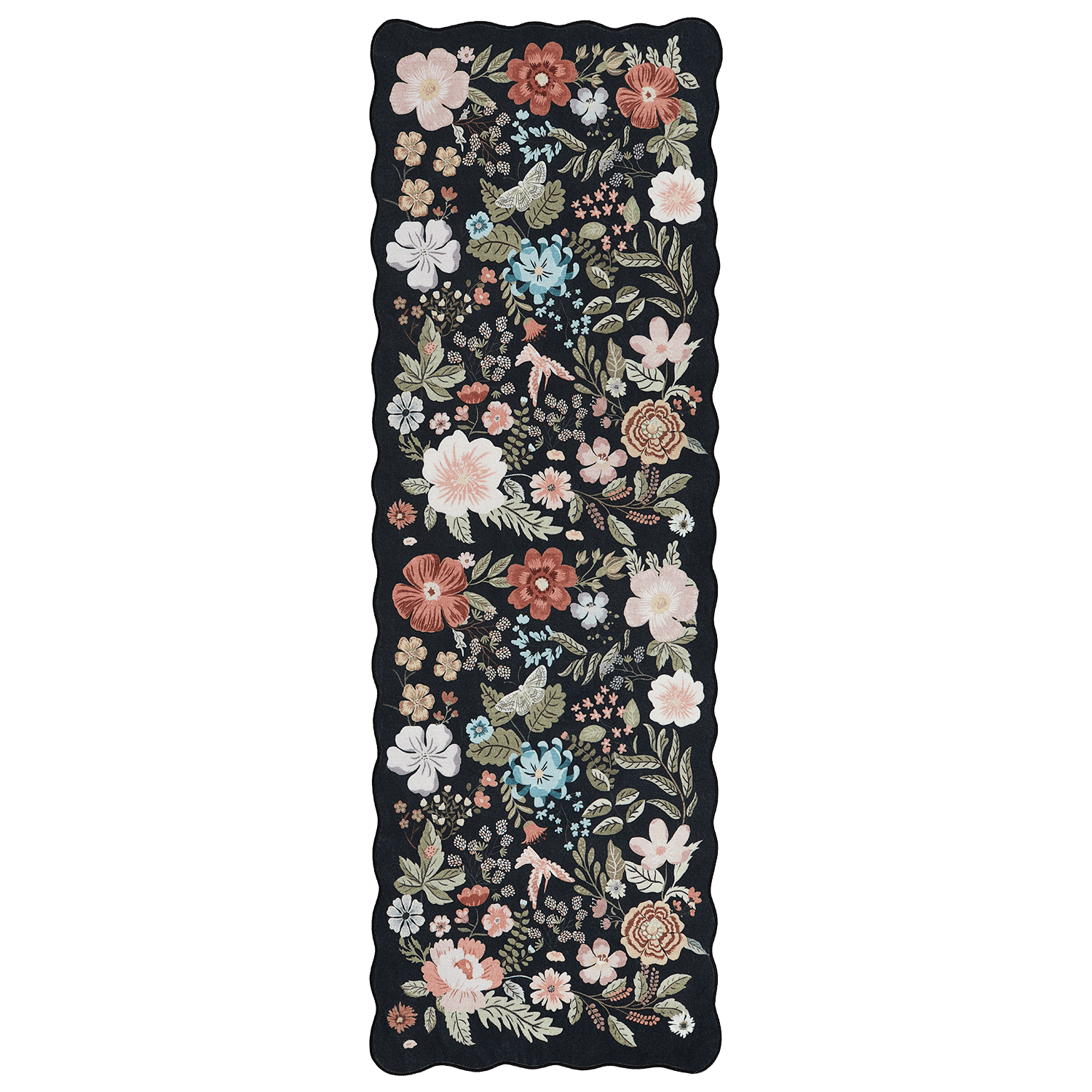 2x6 Runner Rug, Washable, Non-Slip, Stain-Resistant Low-Pile Vintage Floral Scalloped Rug for Kitchen, Entryway, Passage, -Black
