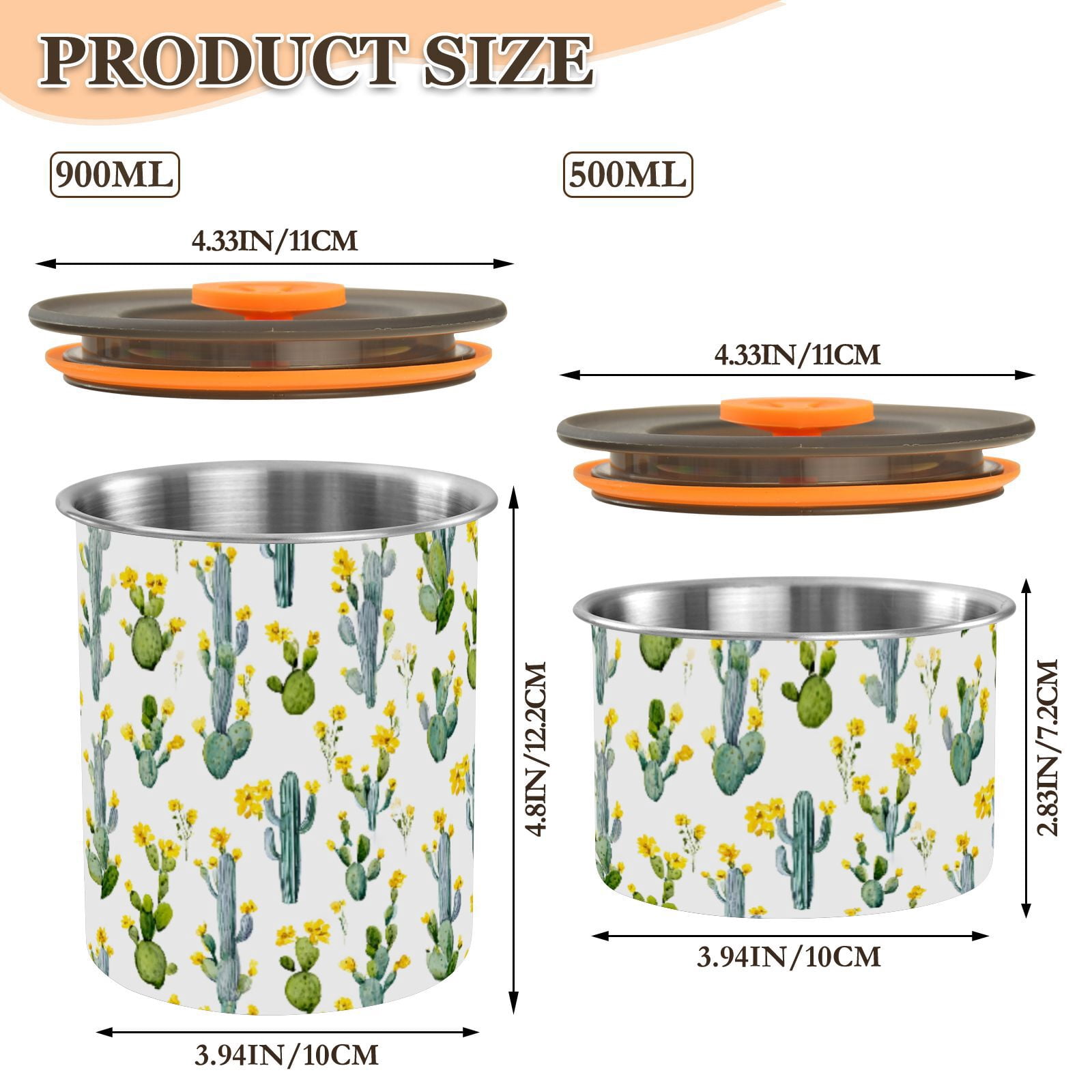 Watercolor Cactus Cacti Airtight Coffee Bean Canister 30oz Food Storage Containers with Lids For Gournd, Tea, Sugar, Flour, Rice, Cereal, Candy Cookie Jar