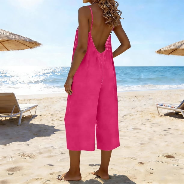 TaTaai Women's Summer Evening Jumpsuit Sleeveless Adjustable Straps Low Back Design Cropped Wide Leg 7/8 Length with Pockets Casual One Piece for Special Occasions Gift