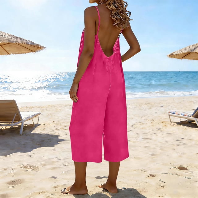 HongQid Combinaisons pour Femmes Sans Manches Décontractées à Jambes Larges Dos Nu Combinaisons Amples Salopette avec Poches