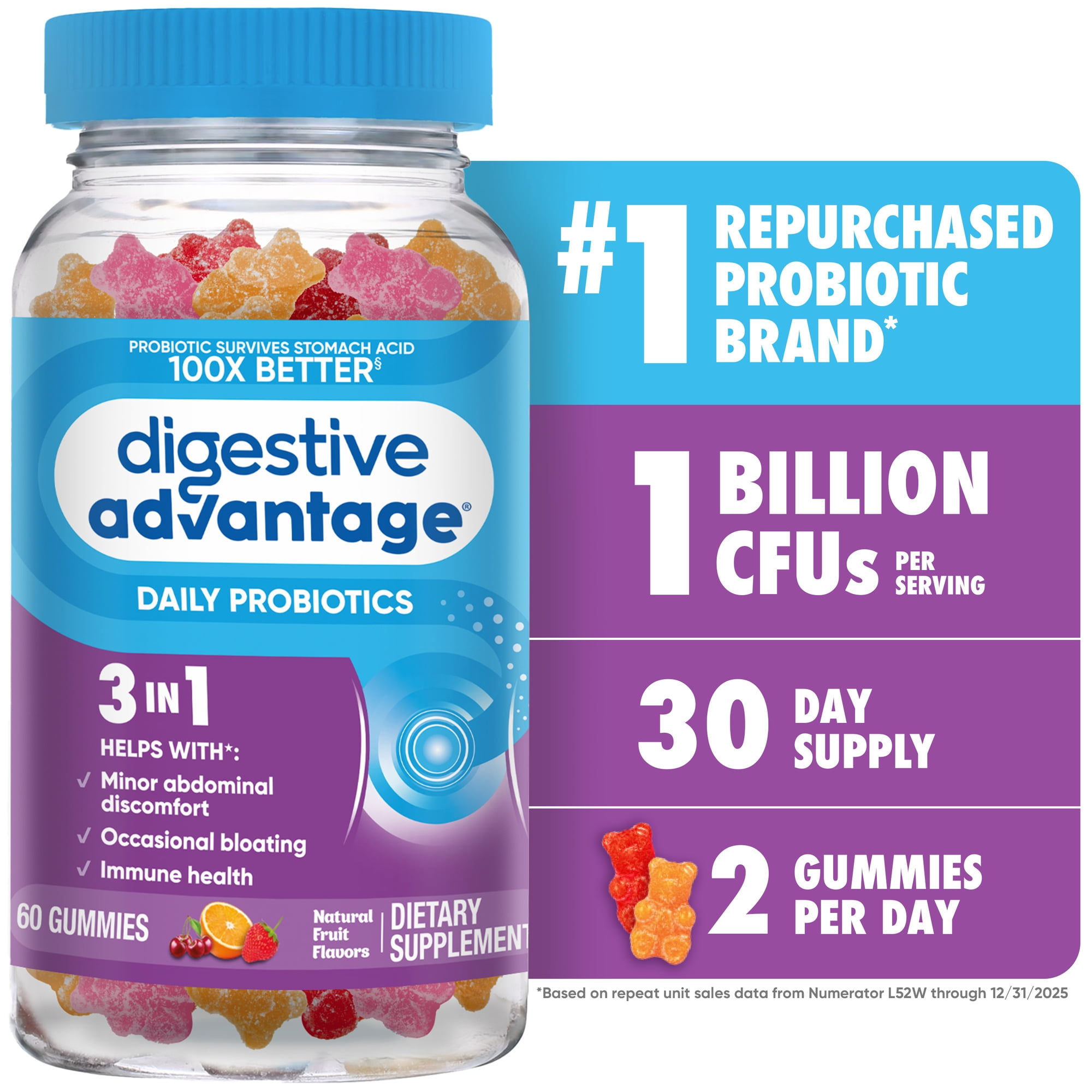 Digestive Advantage Daily Probiotic Gummies, Natural Fruit Flavors, Helps Protein Absorption, Supports Immune Health, Gut Health, 60 Gummies