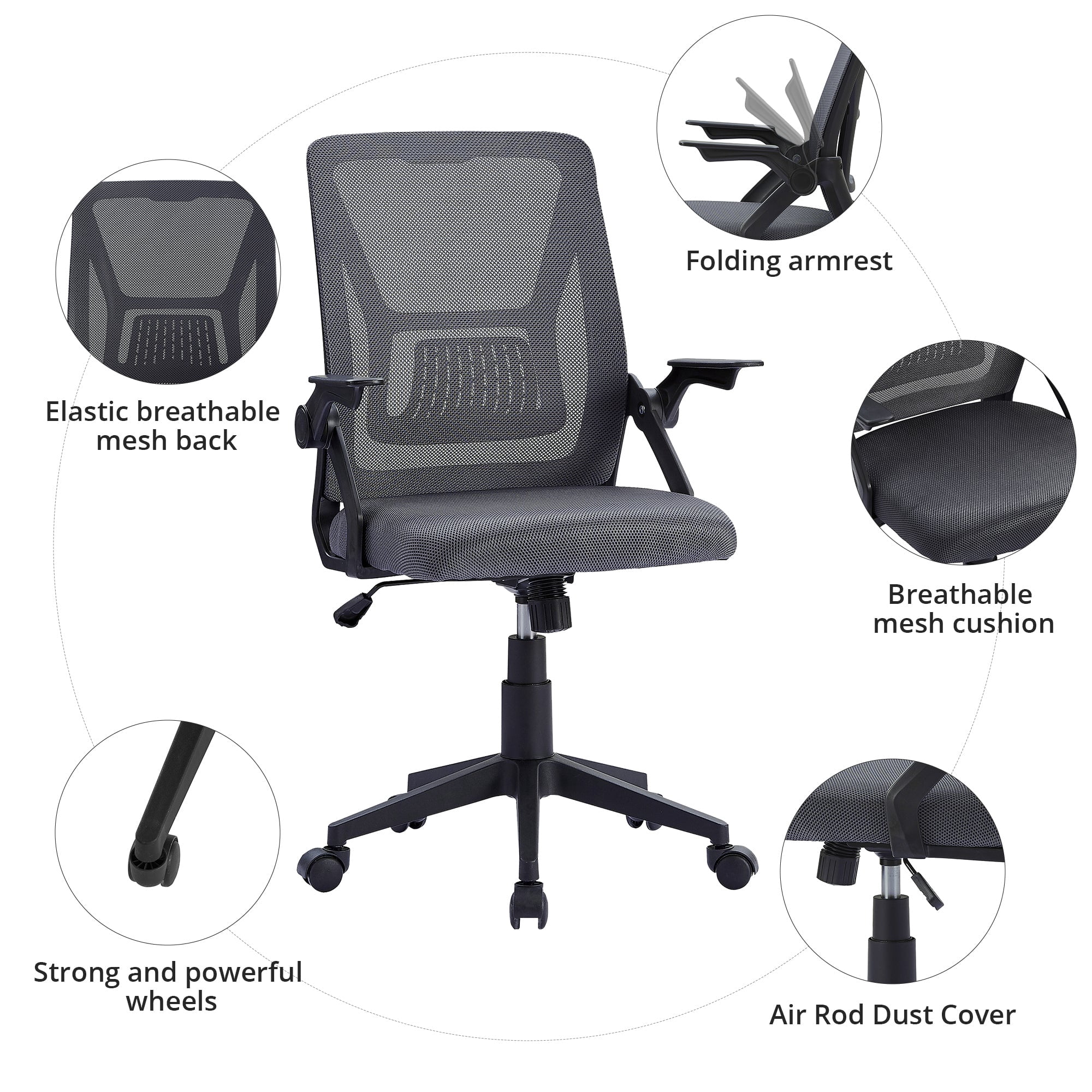 VECELO Mid-Back Swivel Adjustable Ergonomic Office Chair, Mesh Lumbar Support and Adjustable Arms Task Chair for Computer, Grey