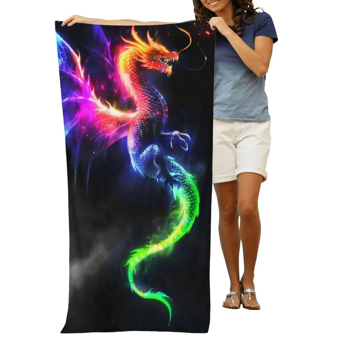 PHYHOO Rainbow Fire Dragon Oversized Quick Dry Microfiber Beach Towel Dragon Lightweight Sand Free Towel Super Soft &amp; Absorbent for Travel Swimming Sports 30x60in
