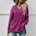 thumbnail image 2 of AherBiu V Neck Sweatshirt for Women Long Sleeve Side Slit High Low Hem Fall Casual Tops Solid Color, 2 of 5