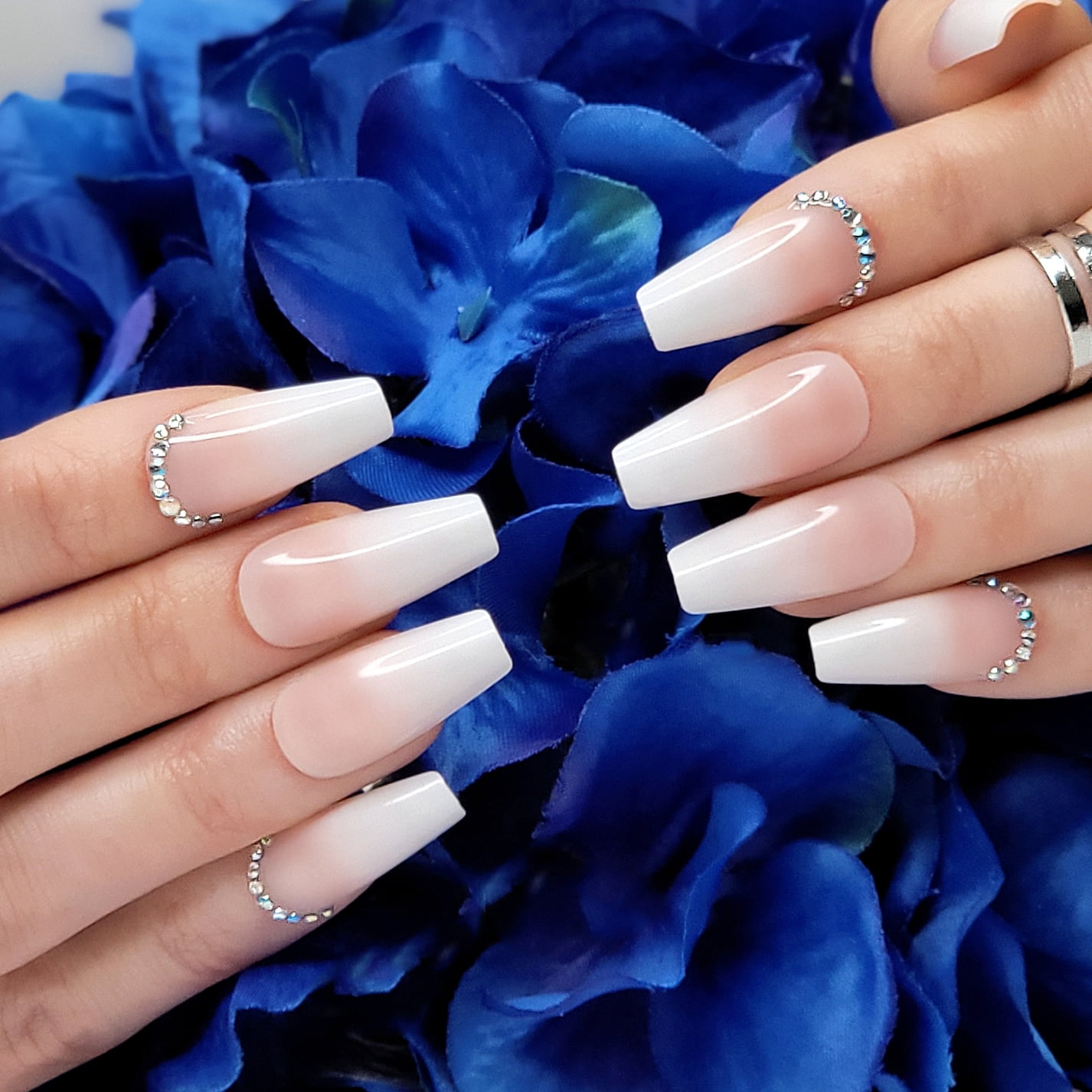 Hypnaughty 24 Pcs Rhinestone Ombre Luxury Coffin Press On Nails With Design  And Glue Long Fake Nails Nude And White Ombre With Rhinestones Glossy Glue  On Nails Full Cover - Walmart.Com