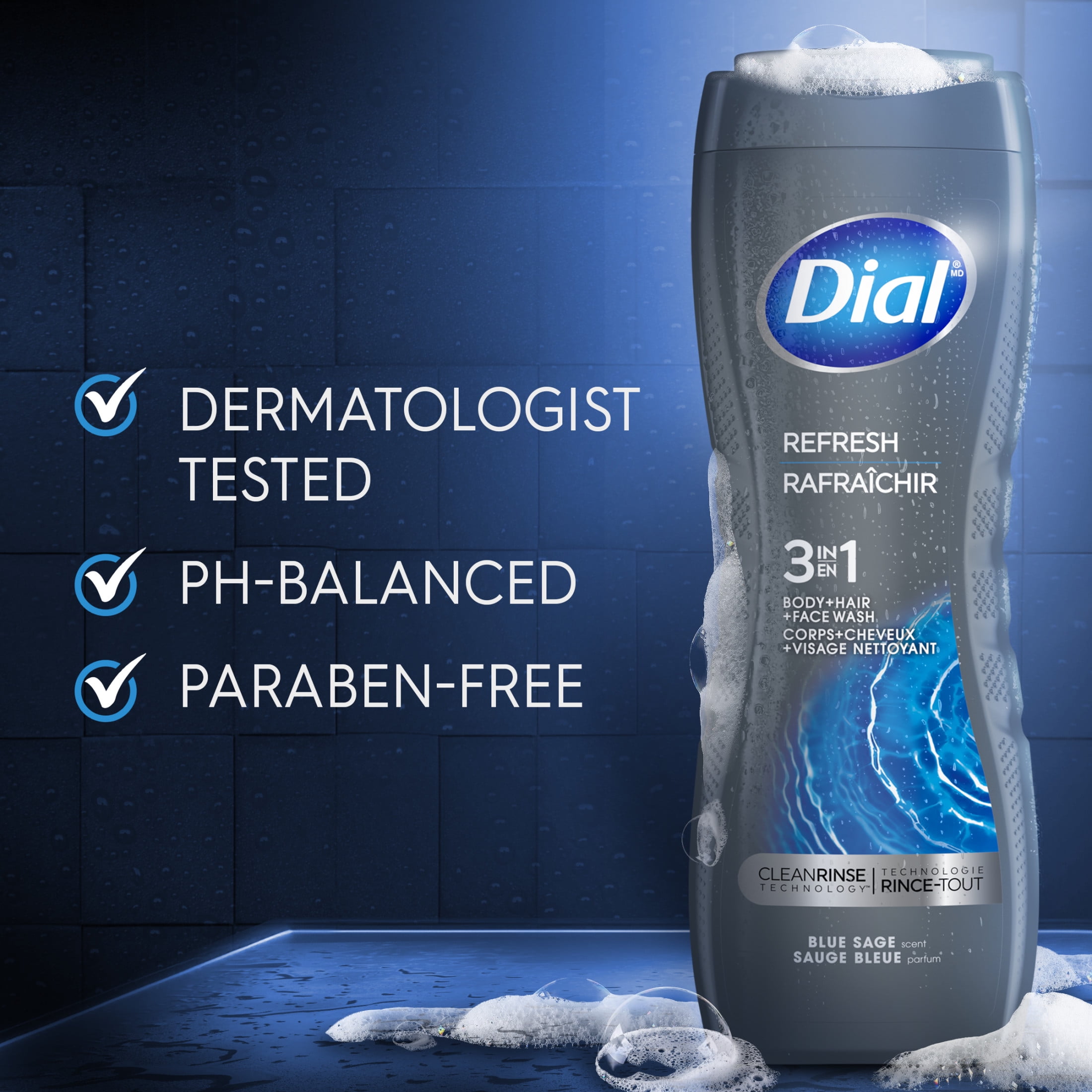 Dial Refresh 3-in-1 Men's Body Wash for Body, Hair & Face, Blue Sage Scent, 16 fl oz