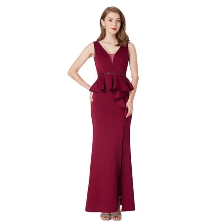 Ever-Pretty Women's Elegant Floor-Length V-Neck Burgundy Fishtail Peplum Evening Prom Formal Dresses with Thigh High Slit 07271