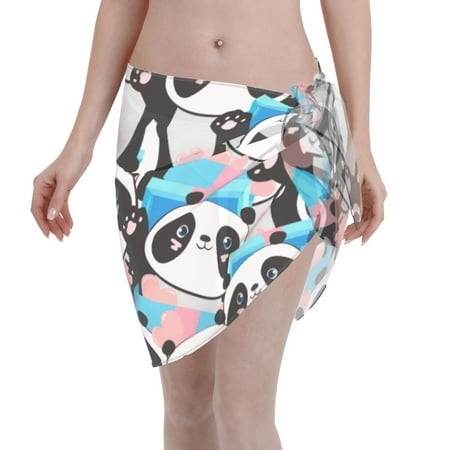 Disketp Panda Cute Pink Hearts Women Swimsuit Cover Up Short Chiffon Summer Beach Sarong Bikini Wrap Skirt Bathing Suit