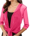 thumbnail image 7 of qolati Womens Glitter Sheer Shrug Elegant 3/4 Sleeve Tie Front Cropped Cardigans Party Lightweight Mesh Bolero Shrugs Hot Pink XXL, 7 of 7