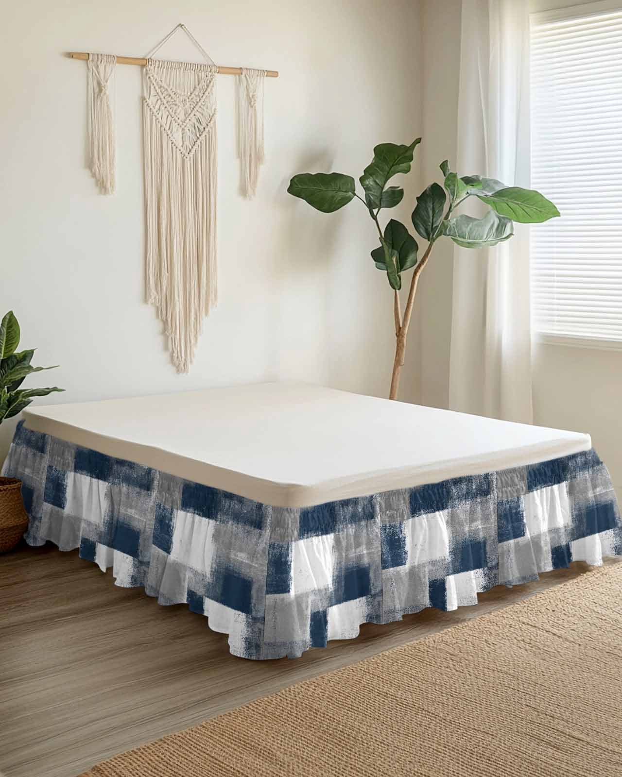 Navy Grey Abstract Art Bed Skirt Queen Size 16" Drop White Graffiti Retro Gradient Ruffled Wrap Around Bed Skirts Adjustable Elastic Bedskirt Dust Ruffle for Queen Size Bed