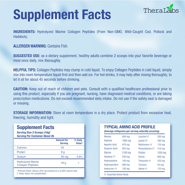 TheraLabs Marine Collagen Peptides 9.3oz (265g) Wild Caught Fish Hydrolyzed Type I & III Collagen - Kosher - Supports Healthy Skin, Nails & Hair - 26 Servings - 2PK