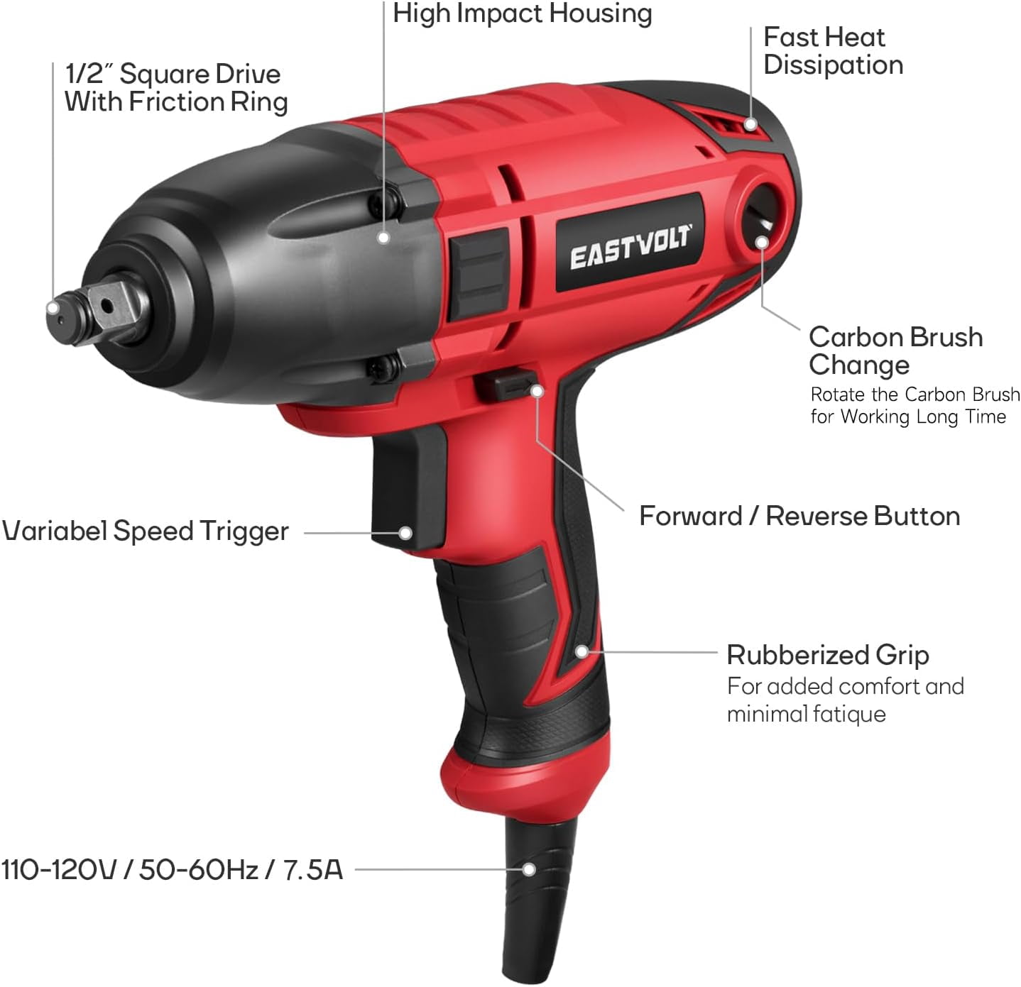 800W Electric Impact Wrench, Heavy Duty 7.5 Amp Corded Max Torque 450 Ft-lbs 3400 RPM, 1/2 Inch with Hog Ring Anvil