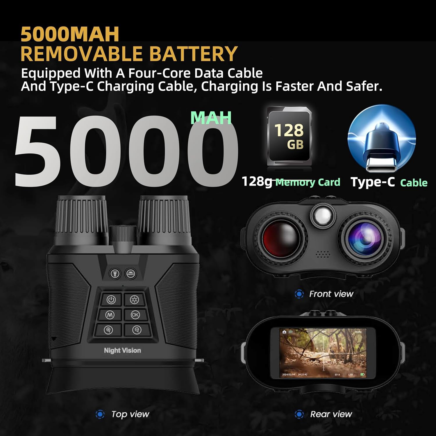 Night Vision Goggles, 4K HD Night Vision Binoculars for Adults, 128GB Card for Photo and Video, 5000mAh Battery, 1968FT and 850nm Infrared Binoculars for Outdoor Enthusiasts and Animal Watchers
