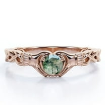 JeenMata Solitaire Claddagh - 1 Carat Round Brilliant Cut Clear Druzy Moss Green Agate - Braided Engagement Ring - 18K Rose Gold Plating over Silver