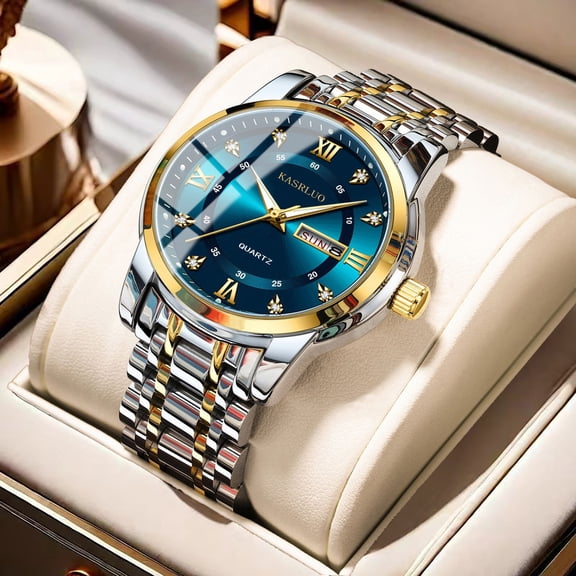 Men's watch with dual calendar, luminous, waterproof, steel band, quartz watch, large dial men's wristwatch