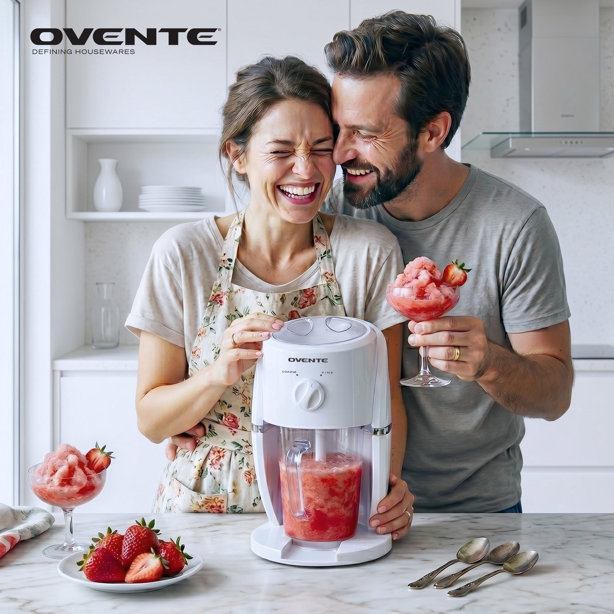 OVENTE Electric Shaved Ice Machine, 2 Shaving Settings, 45W, White ICR2037W | With Blending Jar/Serving Pitcher, Easy-to-Use Slushy & Snow Cone Maker for Homemade Treats, Frozen Cocktails & More