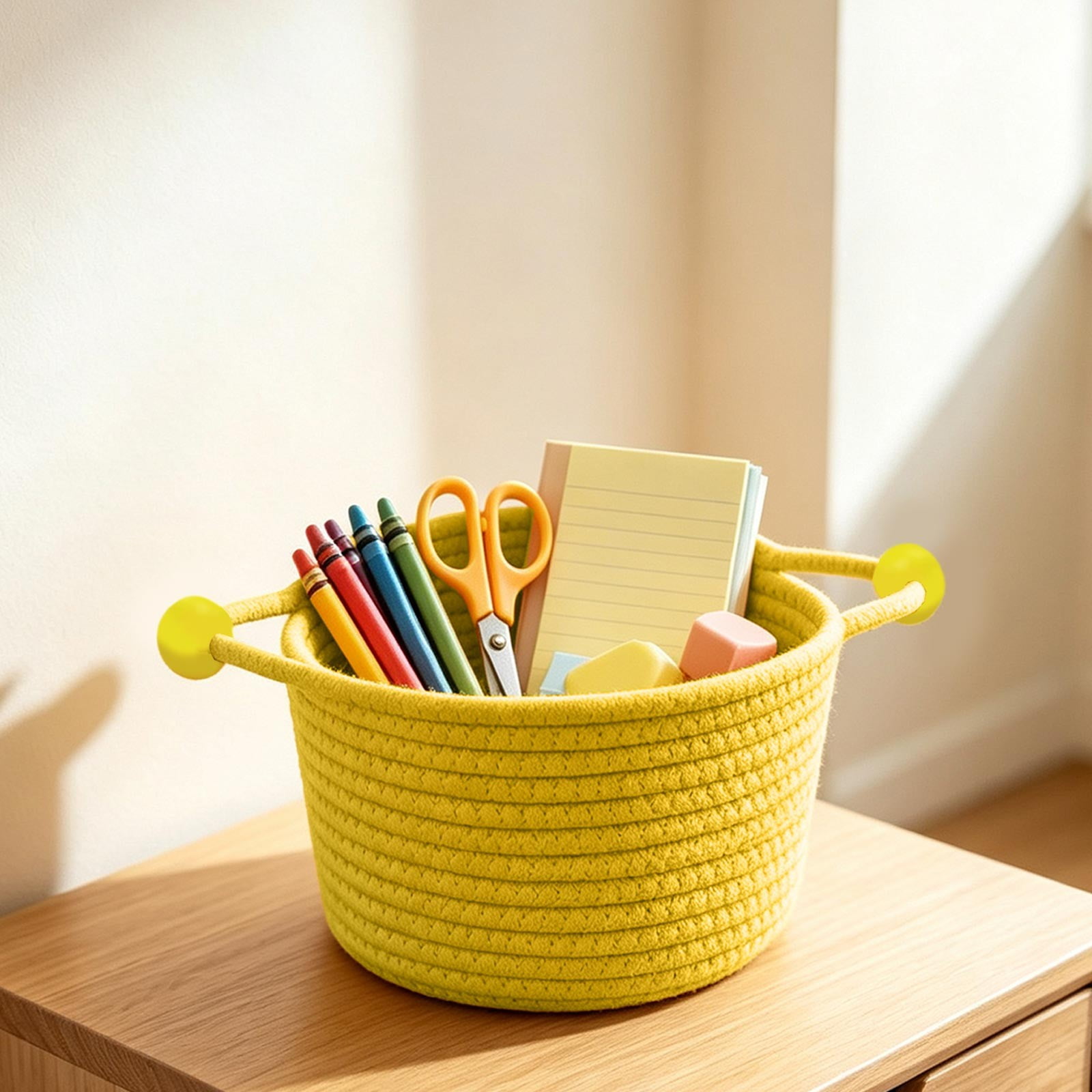 Cotton Rope Storage Basket With Beaded Handles Desktop Organizer Bin For Toys Stationery Small Items Nursery Dorm Bedroom And Home Storage Decor