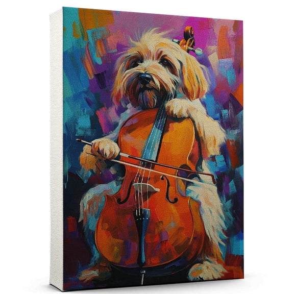 Tibetan Terrier Dog Cello Art Stretched Canvas Size 8x12 – Tibetan Terrier Dog Playing Cello Wall Art, Dog Lover Canvas, Music Theme Decor for Living Room