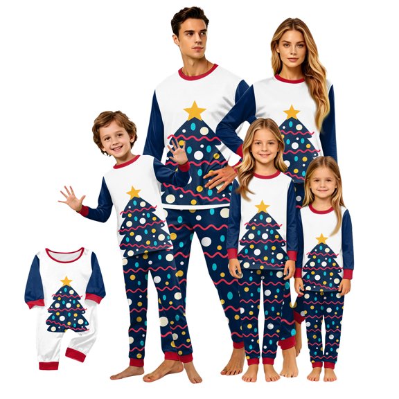 Family Christmas Pajamas Matching Sets, Christmas Tree Print Raglan Tops with Polka Dot Wavy Pants, Long-Sleeve Crew Neck Loungewear Sleepwear for Couples, Women, Men, Kids and Baby