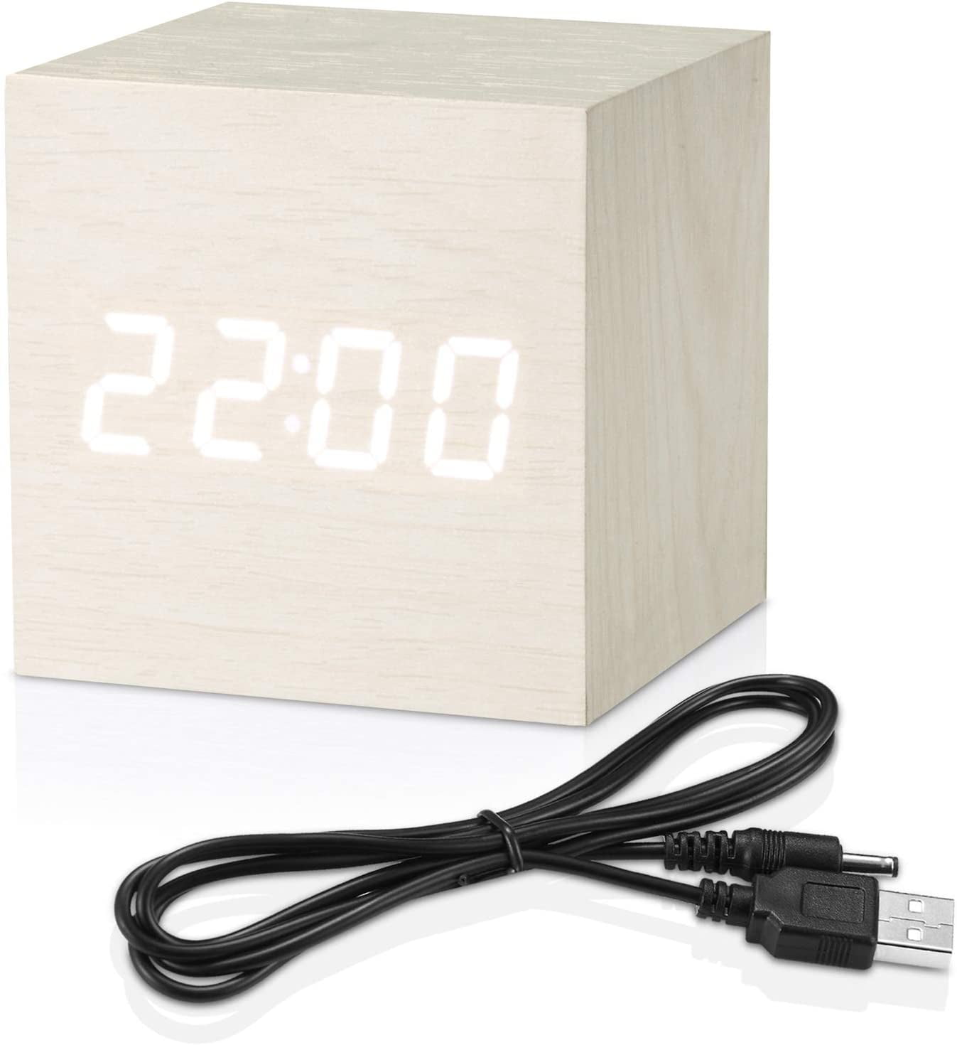 Digital Alarm Clock White, Micar Wood Led Light Mini Modern Cube Desk