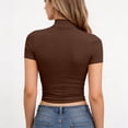 thumbnail image 5 of Women's Mock Neck Short Sleeve Tops, Slim Fit Solid Color T-Shirt, Soft Stretchy Baselayer, Summer Office Tee Brown 3XL, 5 of 5