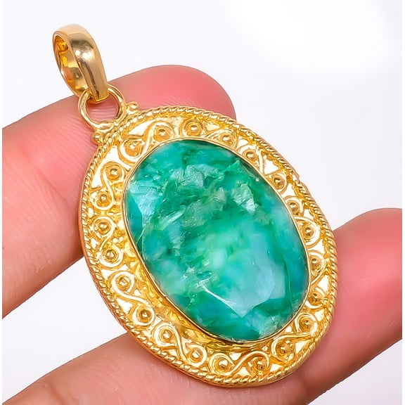 Emerald (Simulated) Silver 18k Yellow Gold Plated Pendant 1.95" P7622-168, Christmas Gift, Gemstone Silver Jewelry, Emerald Pendant, New Year Sale
