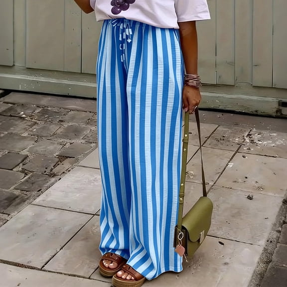 2026 Women's Summer Striped Pants Loose Straight Leg Wide Leg Pants Drawstring Elastic Palazzo Lounge Beach Vacation Trousers S