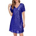 thumbnail image 1 of Puntoco Vestido Corto De Fiesta Con Cremallera En La Espalda, Sexy, Brillante, totalmente forrado, Con Cuello En V, Línea A, Falda Corta De Calidad Elegante, Vestido De Manga Corta, Azul L, 1 of 3