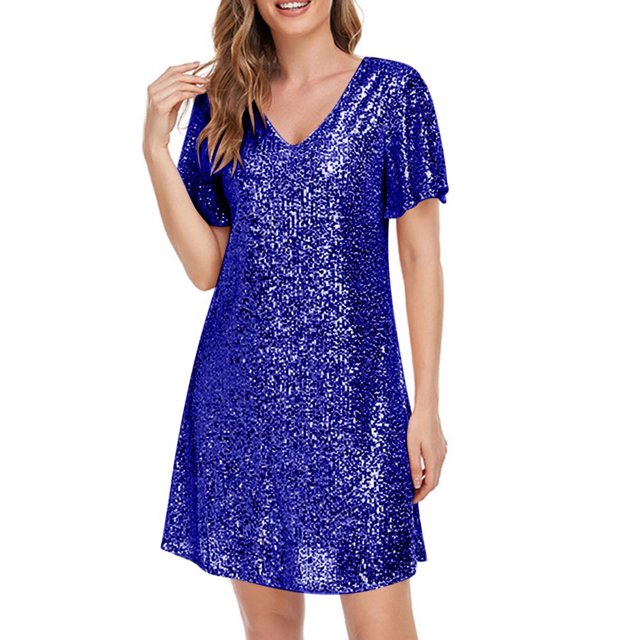 Puntoco Vestido Corto De Fiesta Con Cremallera En La Espalda, Sexy, Brillante, totalmente forrado, Con Cuello En V, Línea A, Falda Corta De Calidad Elegante, Vestido De Manga Corta, Azul L