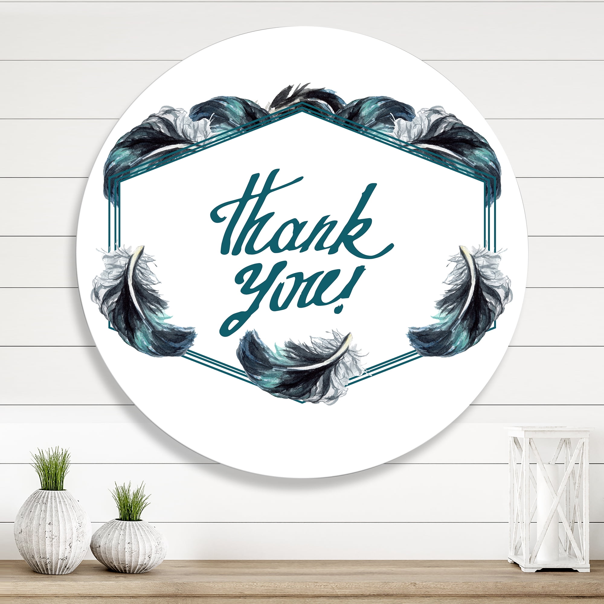 Designart 'Black Boho Art Feathers Thank You' Bohemian & Eclectic Circle Metal Wall Art 23x23 - Disc of 23