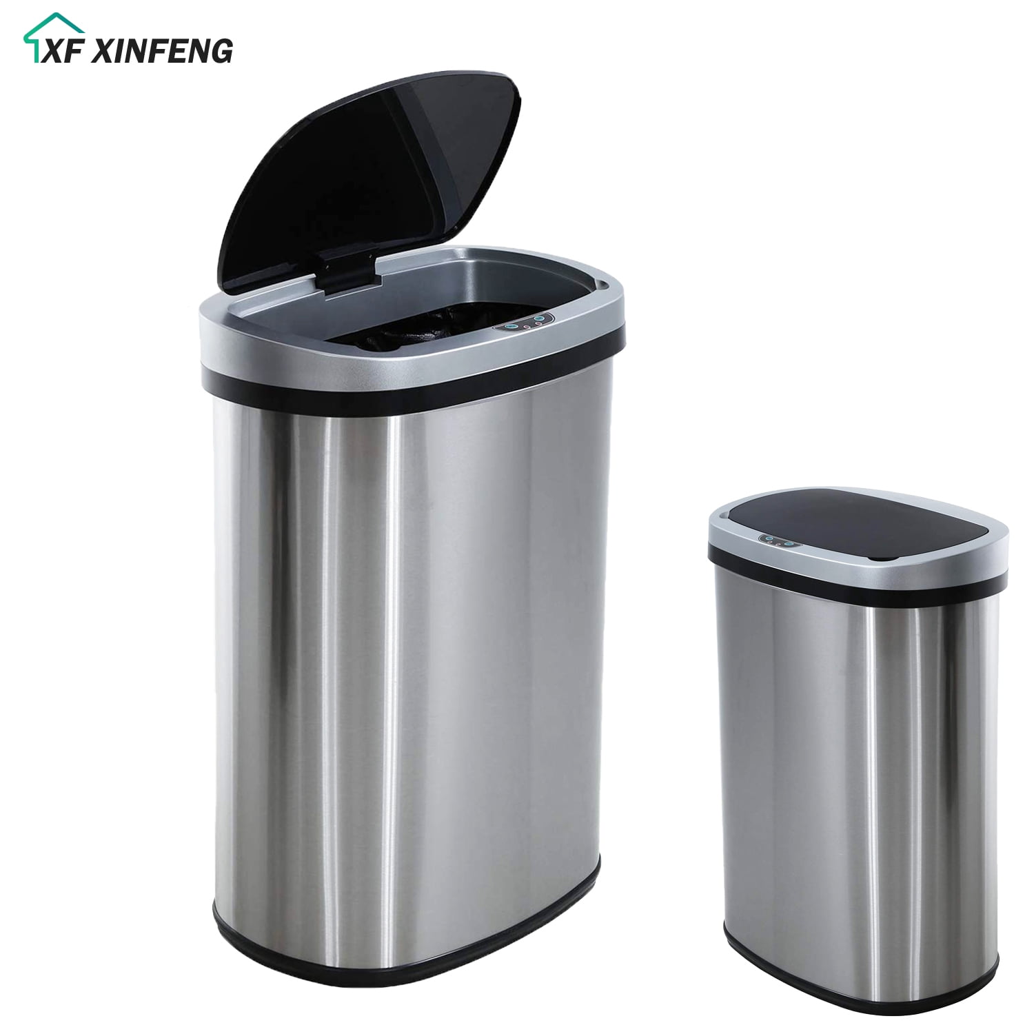 XF XINFENG  13 Gallon Kitchen Trash Can Automatic Touchless Stainless Steel Waste Bin with Silver,Black Lid