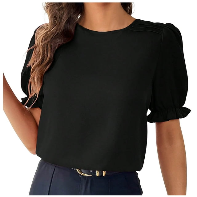 Besolor Tuniques d'Été pour Femmes à Col Rond, Volants, Manches Courtes, Chemises Décontractées Unies, T-Shirts pour Sorties