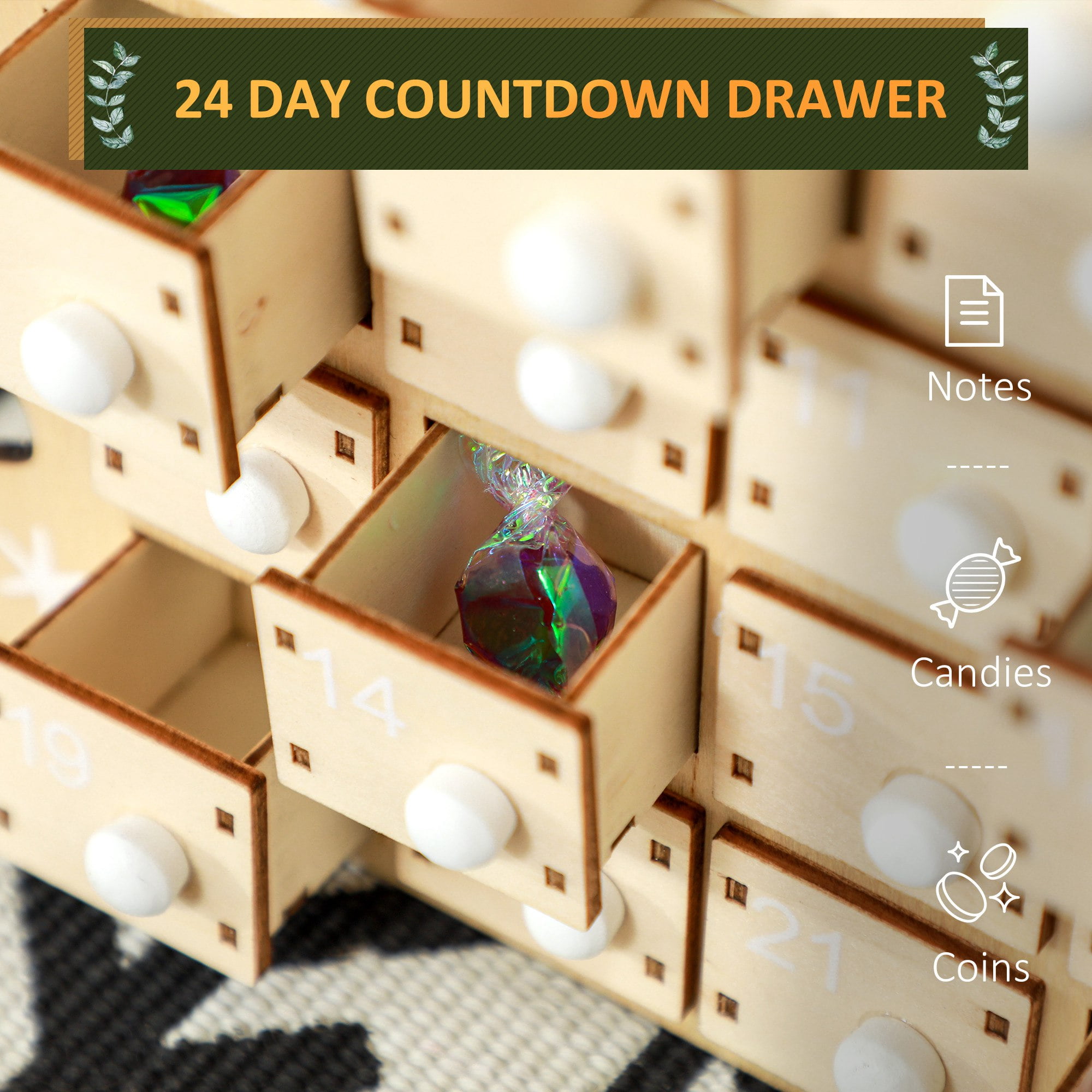 Wooden Advent Calendar Santa Sleigh Design 24 Drawers Reusable Christmas Countdown Decor