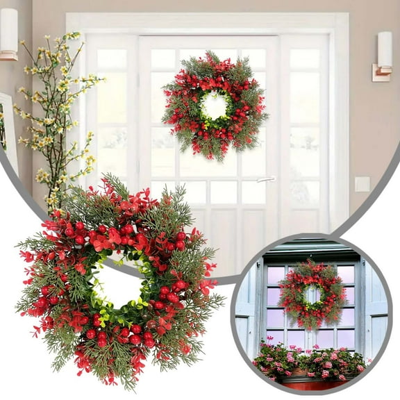 Red Christmas Wreaths for Front Door with 13.77Inch Door Wreath with Red Leaves, Berries, and Branches Ornaments, Outdoor Indoor Holiday Christmas Winter Wreath Decor