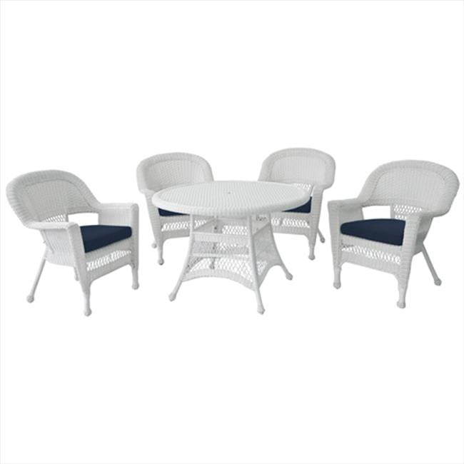 5 Piece White Wicker Dining Set Blue Cushions