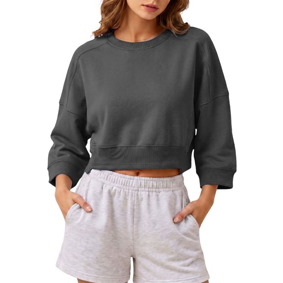 QQZ Cropped Drop‑Shoulder Crew Neck Sweatshirt For Women, Loose Three‑Quarter Raglan Sleeve Top, Fall Outfits For Women, Shopping Home Light Casual Daily Wear