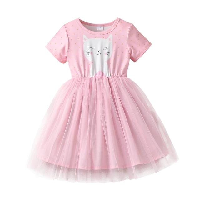 Robes pour Filles Été Manches Courtes Imprimé Chaton Princesse pour Usage Quotidien Robe de Demoiselle d'Honneur Rouge 3-4 Ans