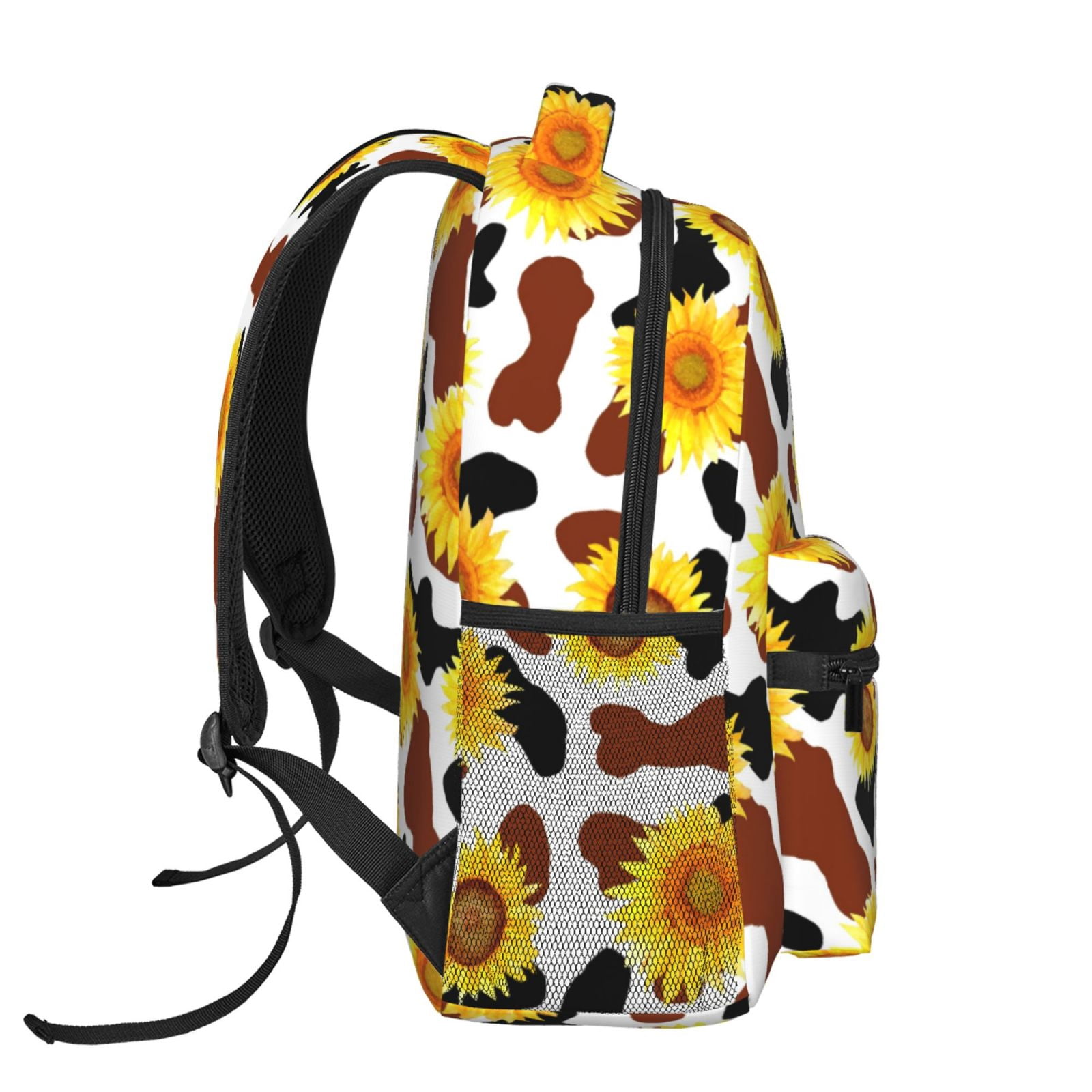 Rateoe Cow Print Sunflower Pattern Casual Backpack for School, Work, Travel – Adjustable Straps, Multiple Compartments – Ergonomic Design, Fits Laptops and Tablets