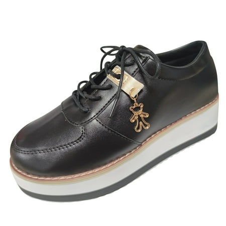 

XINSHIDE Shoes Ladies Fashion Solid Color Leather Round Toe Lace Up Platform Casual Fashion Shoes